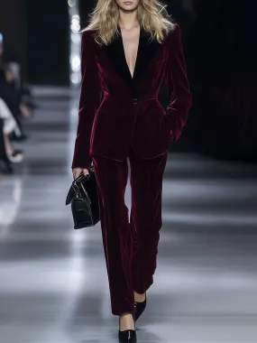 【24-hour shipping】High-End Temperament Loose Retro Burgundy Velvet Suit
