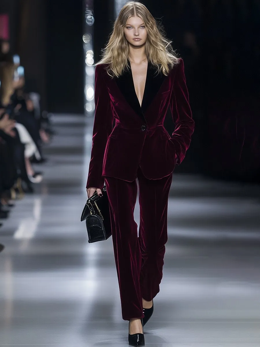【24-hour shipping】High-End Temperament Loose Retro Burgundy Velvet Suit