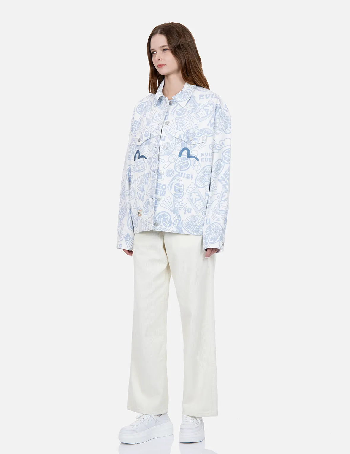 Allover EVISU Squad Discharge-Print Oversize Denim Jacket