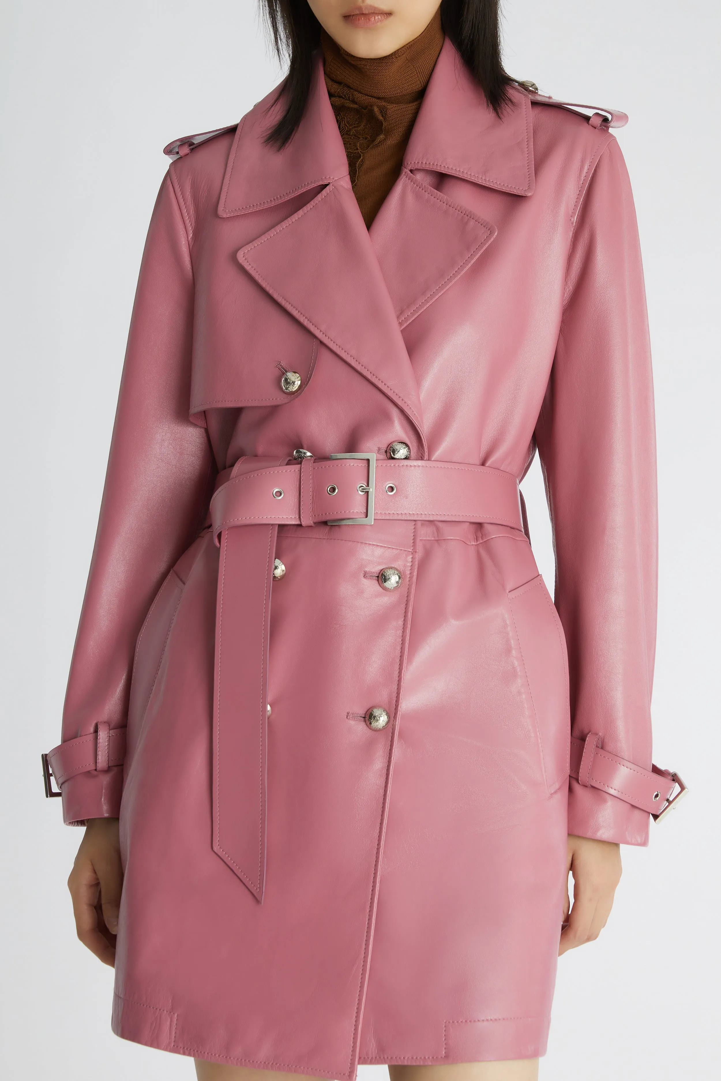 Belted leather trench coat