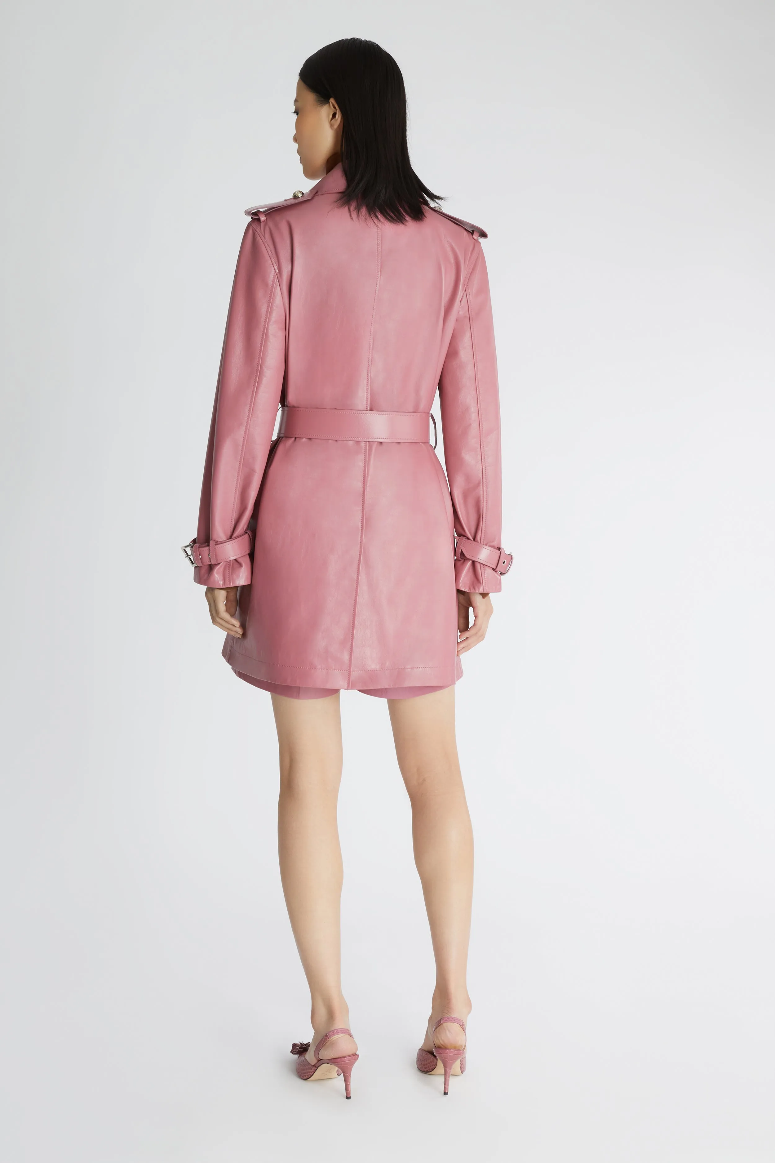 Belted leather trench coat