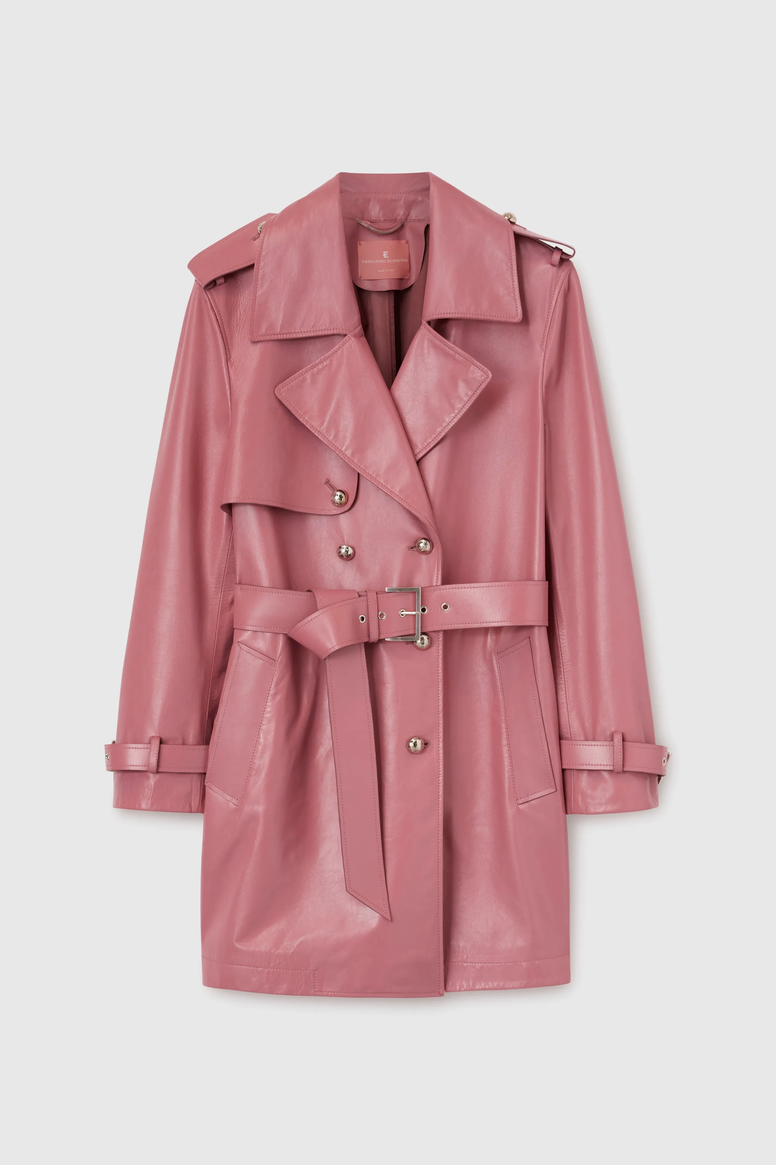 Belted leather trench coat