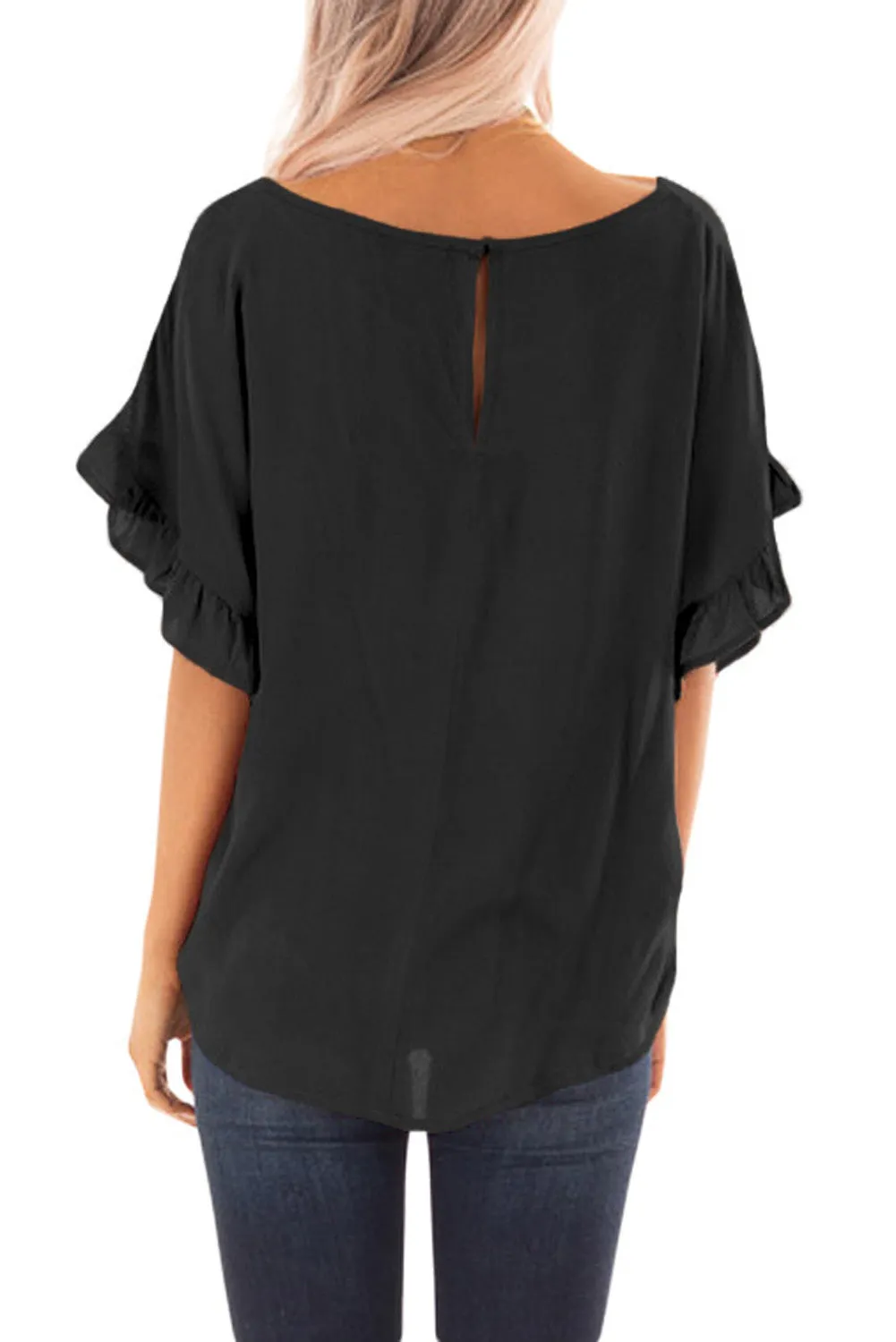 Black Ruffled Sleeve Blouse with Front Knot Detail
