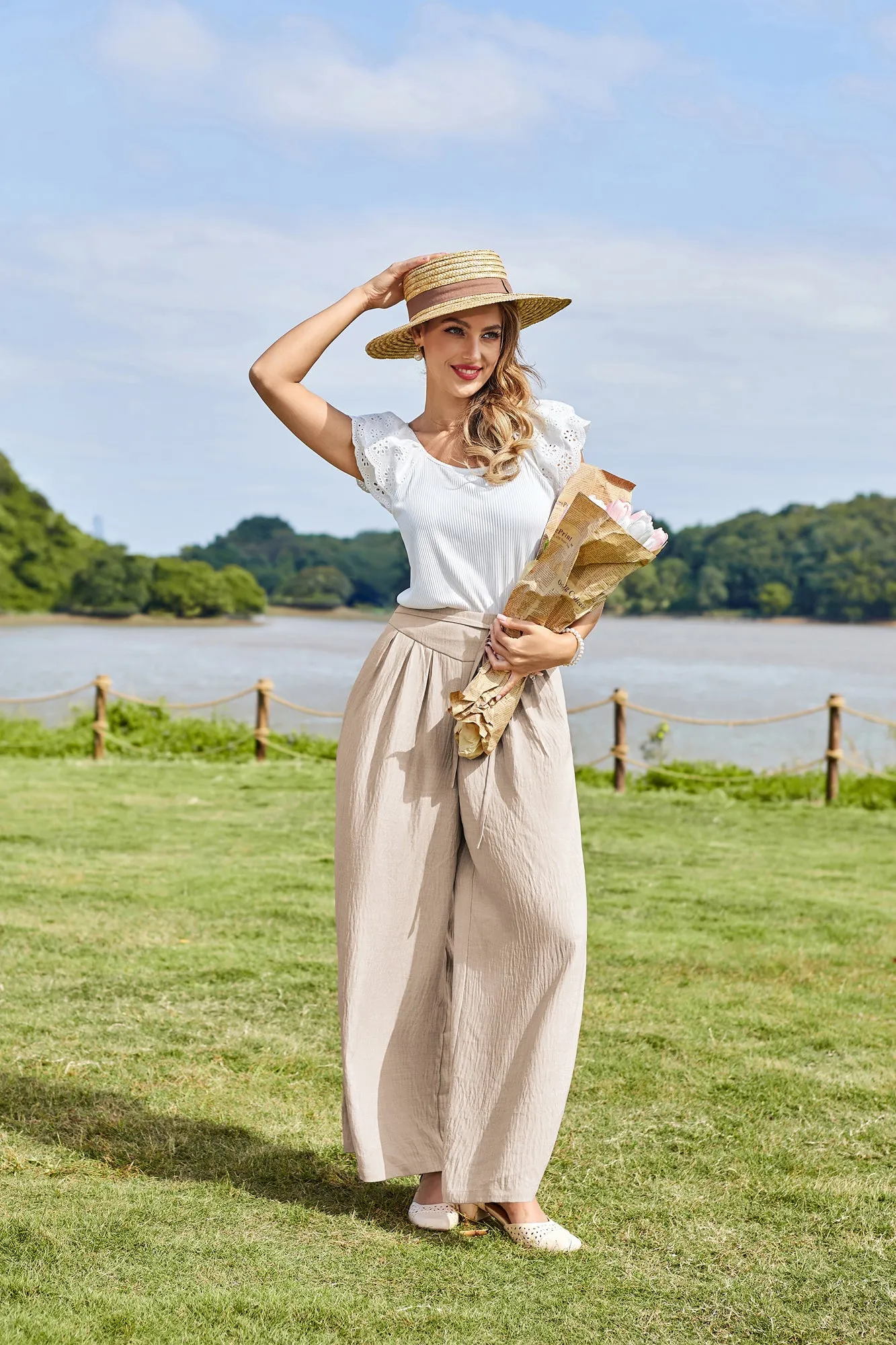 BP Women Vintage Wide Leg Pants Elastic Waist Pleated Palazzo Pants