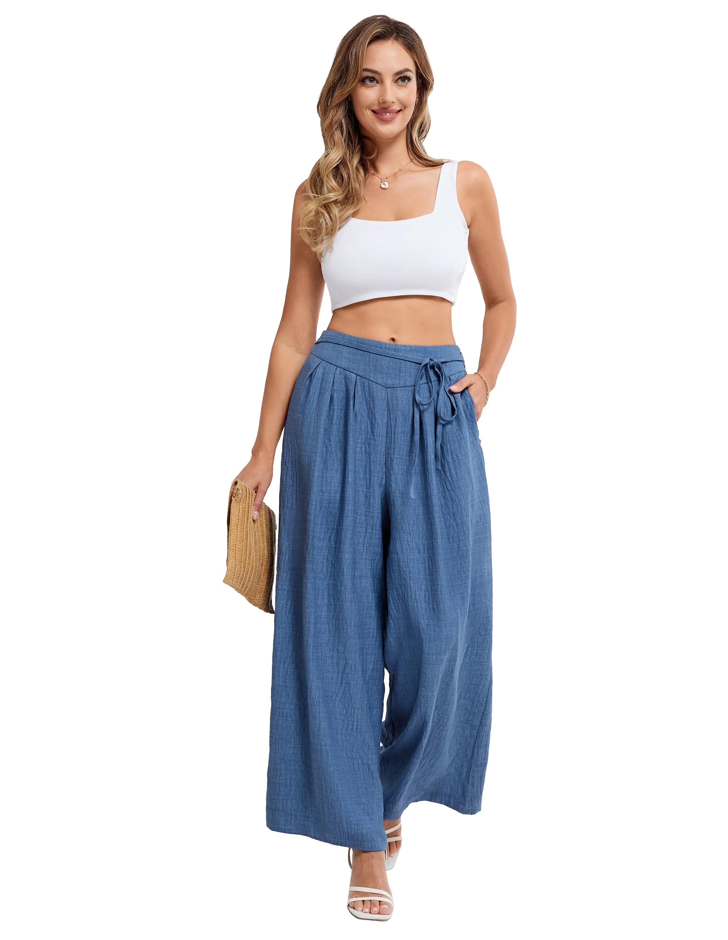 BP Women Vintage Wide Leg Pants Elastic Waist Pleated Palazzo Pants