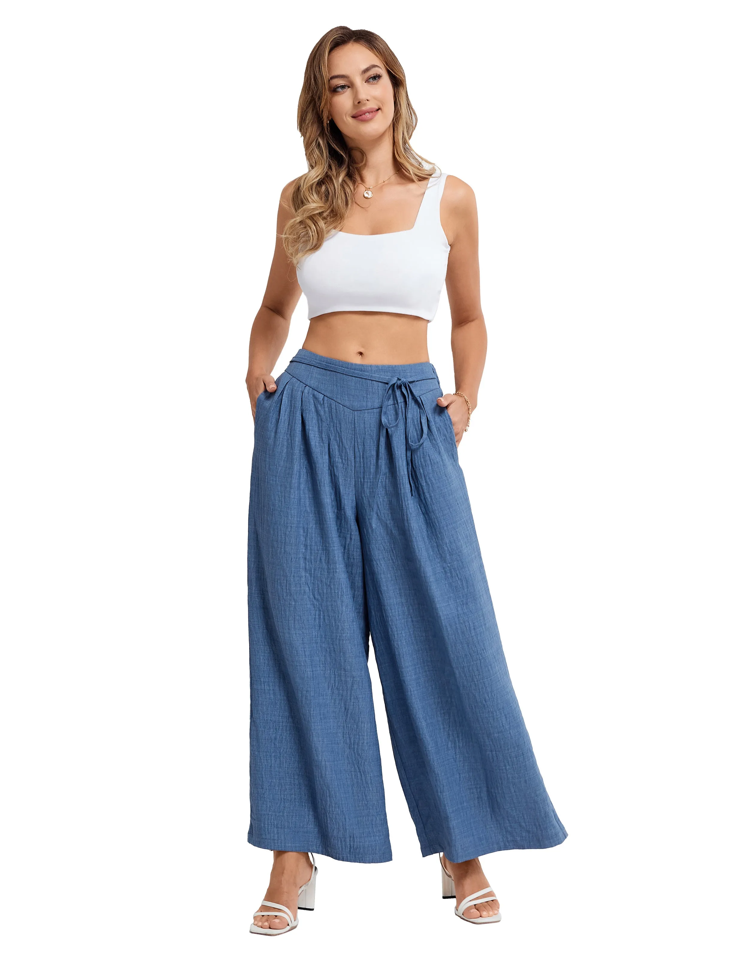 BP Women Vintage Wide Leg Pants Elastic Waist Pleated Palazzo Pants