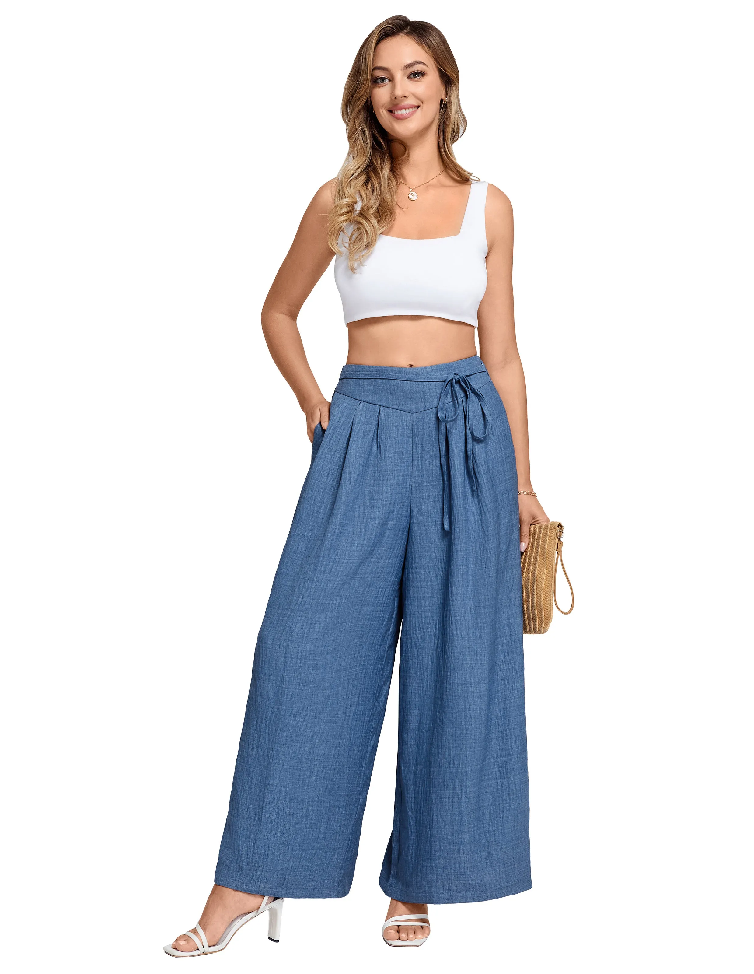 BP Women Vintage Wide Leg Pants Elastic Waist Pleated Palazzo Pants