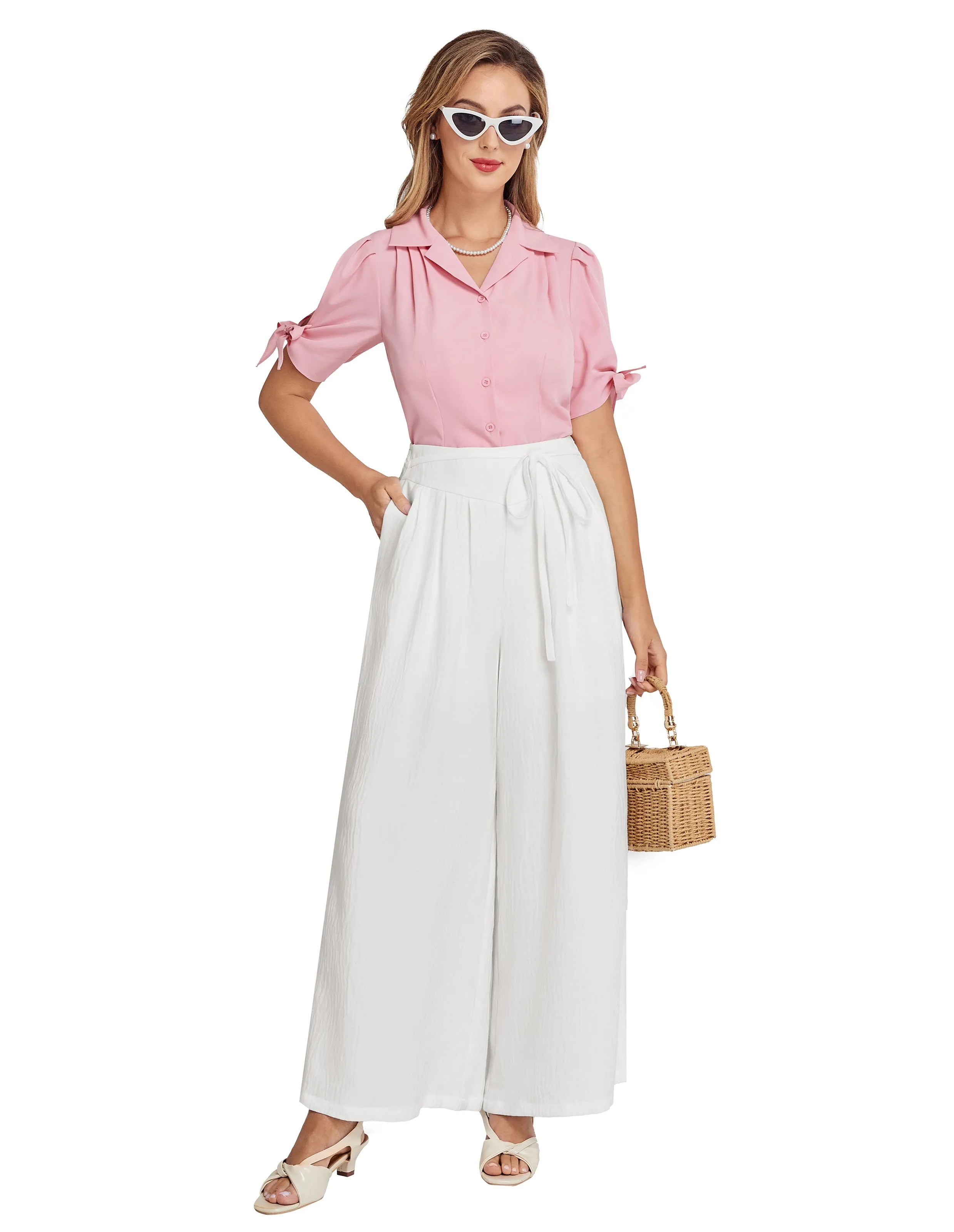 BP Women Vintage Wide Leg Pants Elastic Waist Pleated Palazzo Pants
