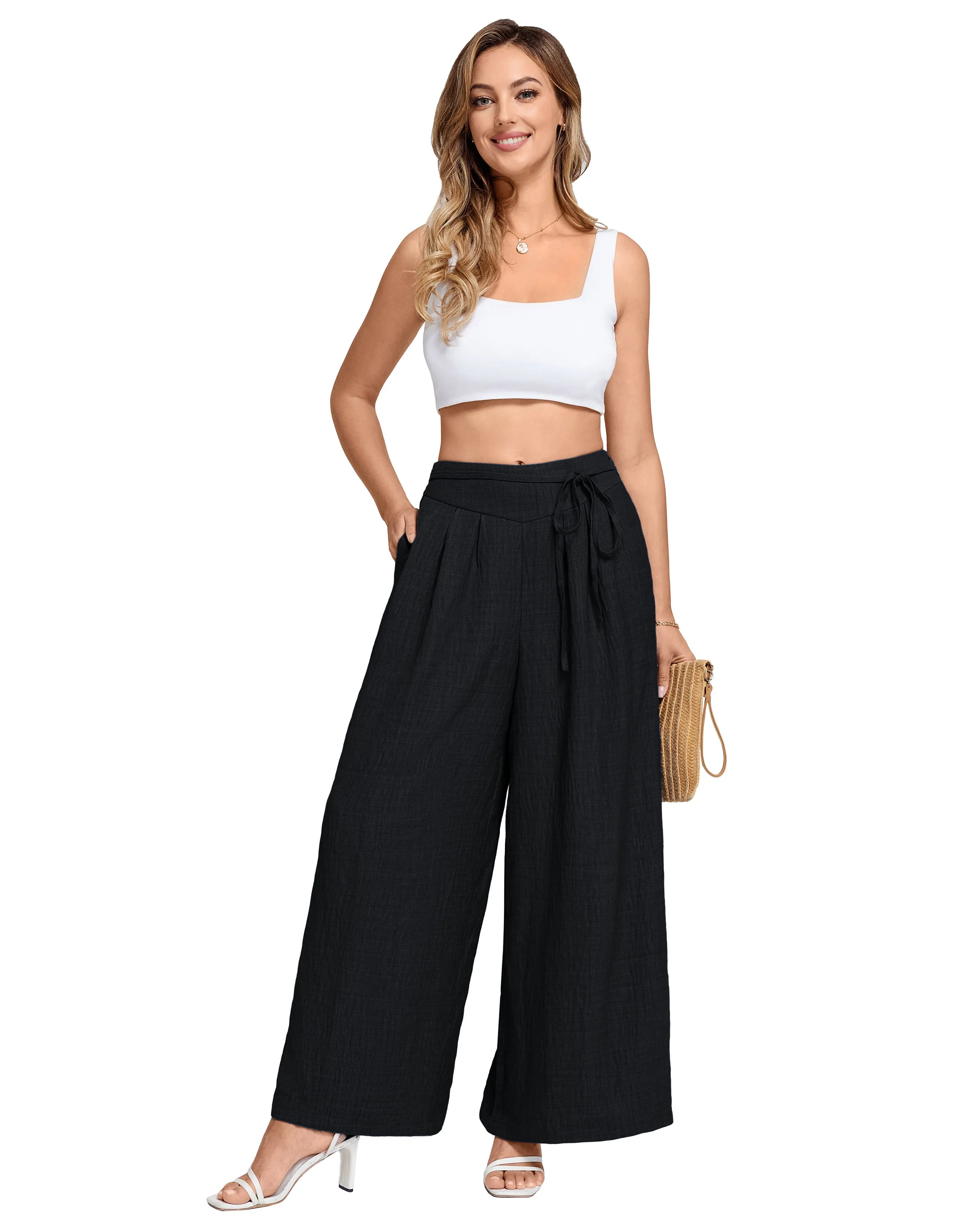BP Women Vintage Wide Leg Pants Elastic Waist Pleated Palazzo Pants