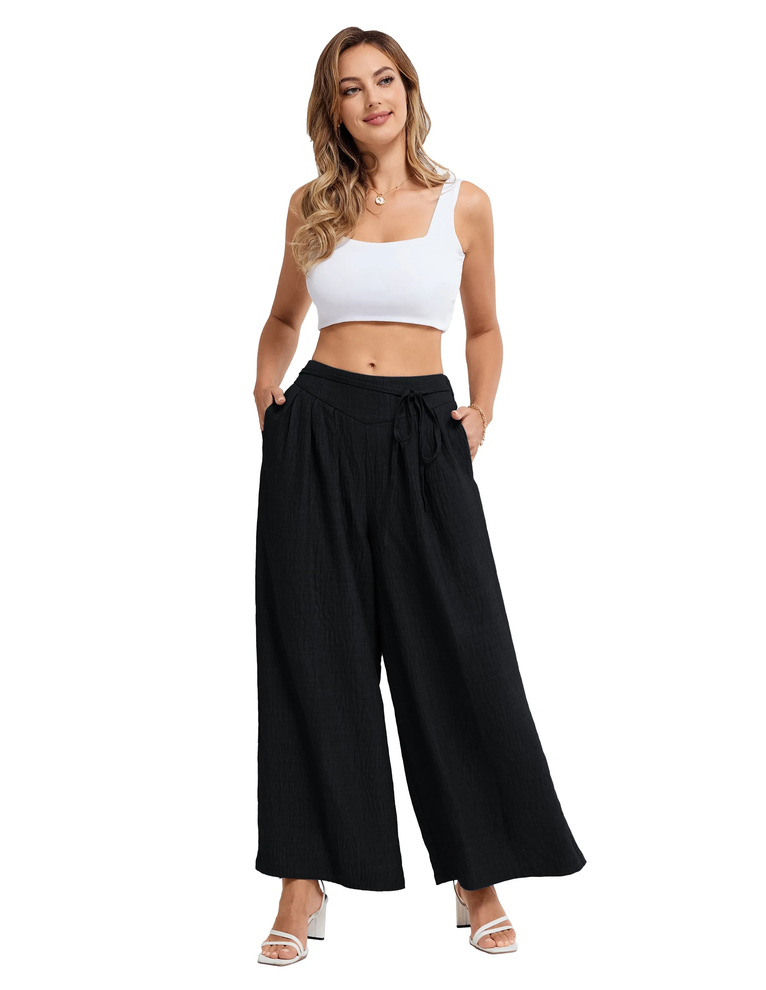 BP Women Vintage Wide Leg Pants Elastic Waist Pleated Palazzo Pants