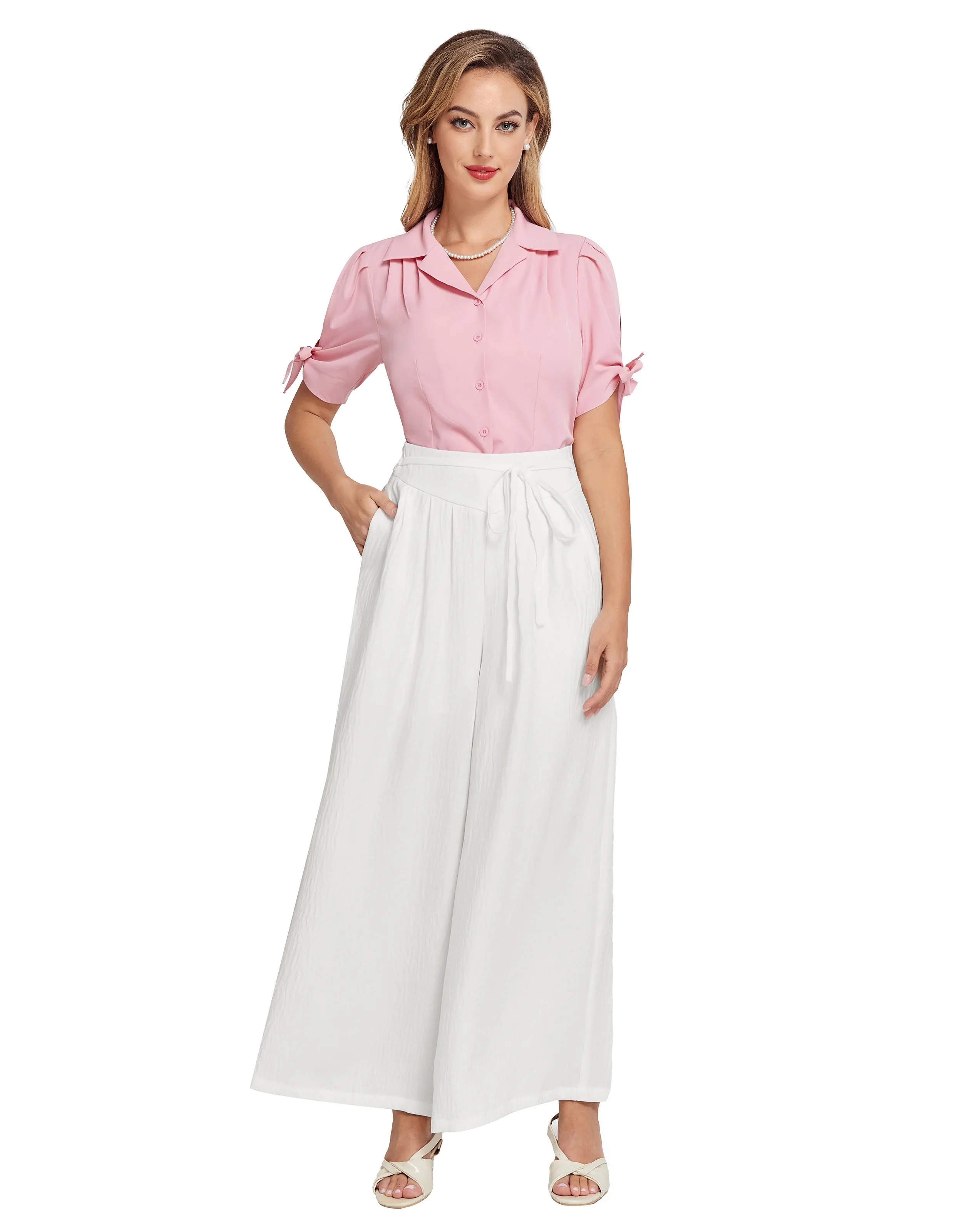 BP Women Vintage Wide Leg Pants Elastic Waist Pleated Palazzo Pants