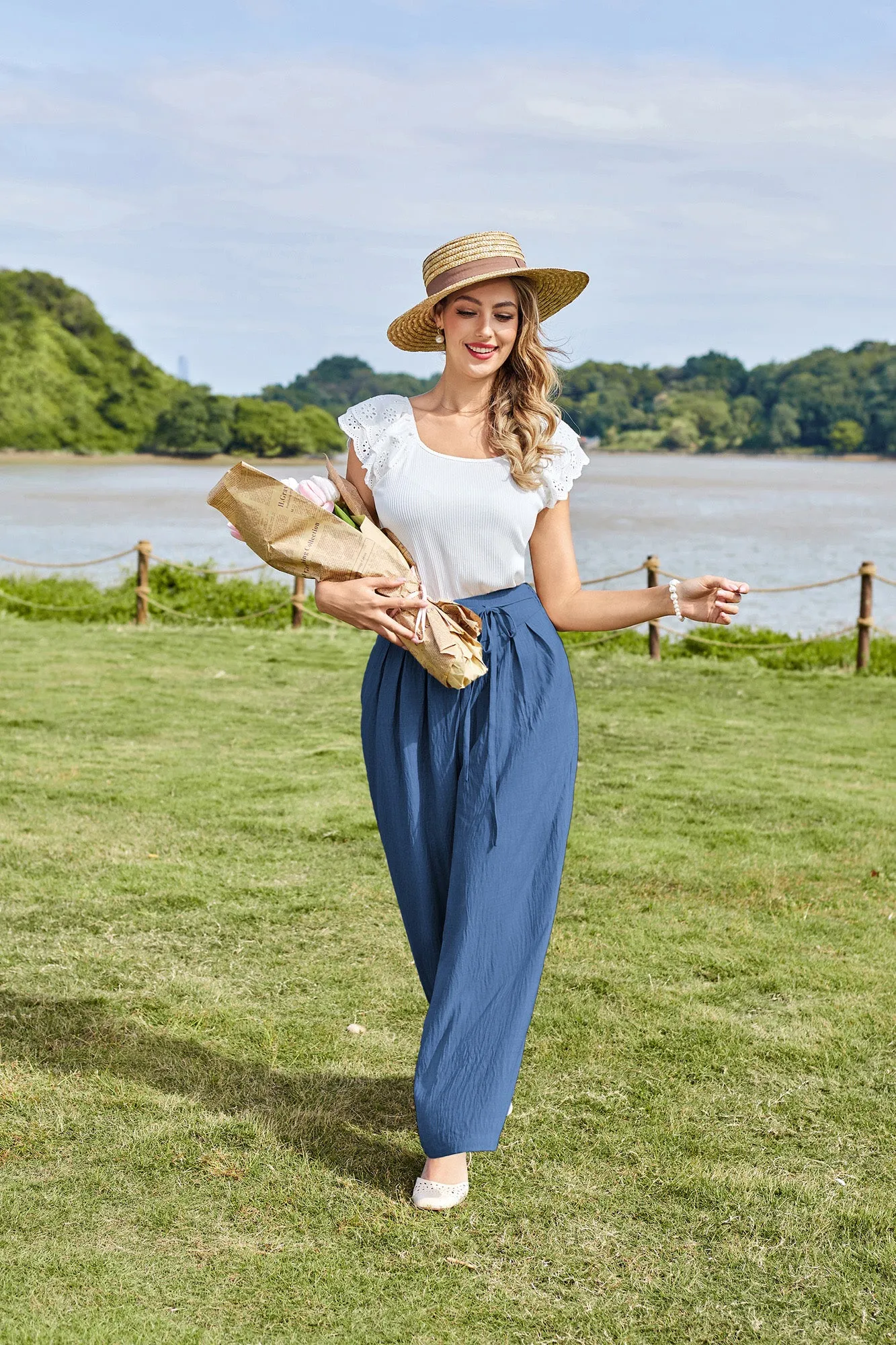 BP Women Vintage Wide Leg Pants Elastic Waist Pleated Palazzo Pants