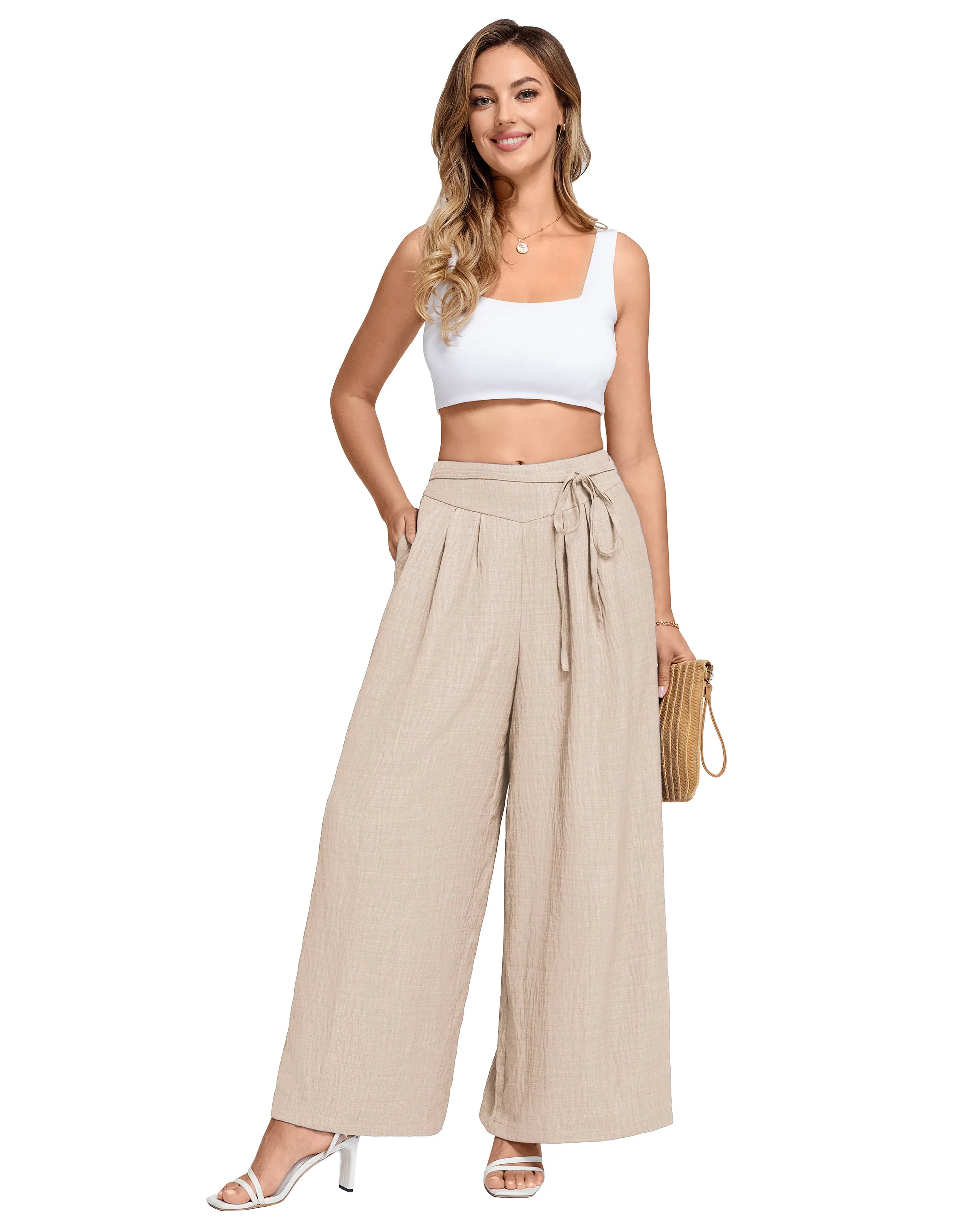 BP Women Vintage Wide Leg Pants Elastic Waist Pleated Palazzo Pants