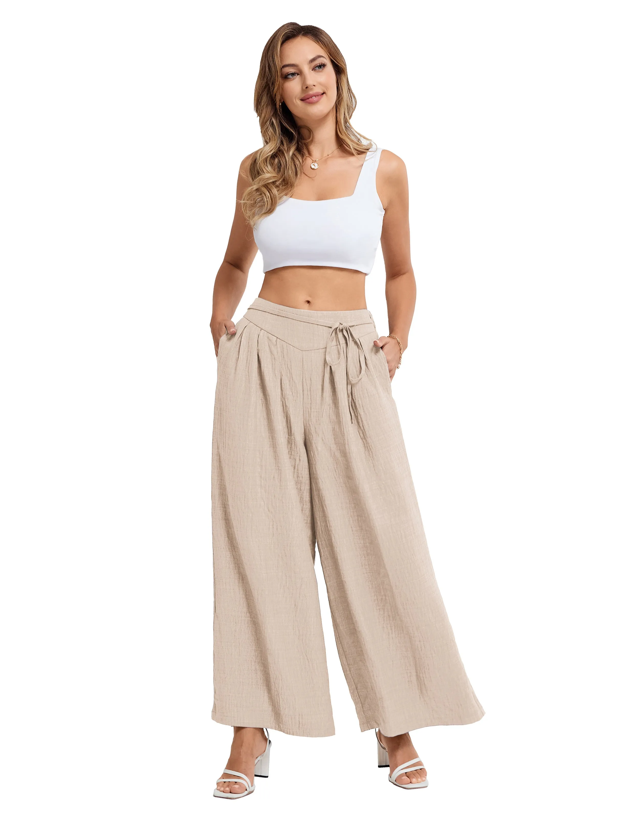 BP Women Vintage Wide Leg Pants Elastic Waist Pleated Palazzo Pants