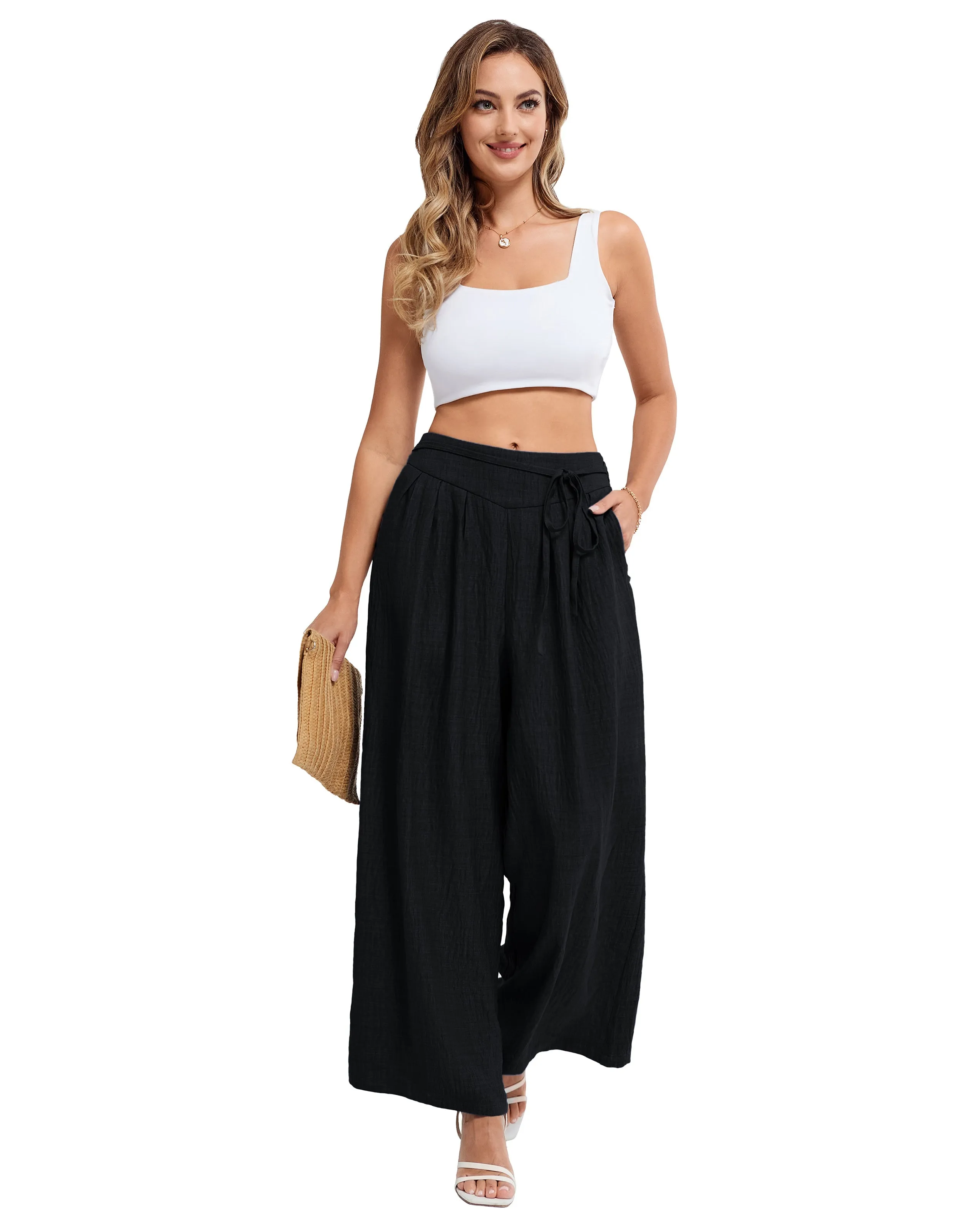 BP Women Vintage Wide Leg Pants Elastic Waist Pleated Palazzo Pants