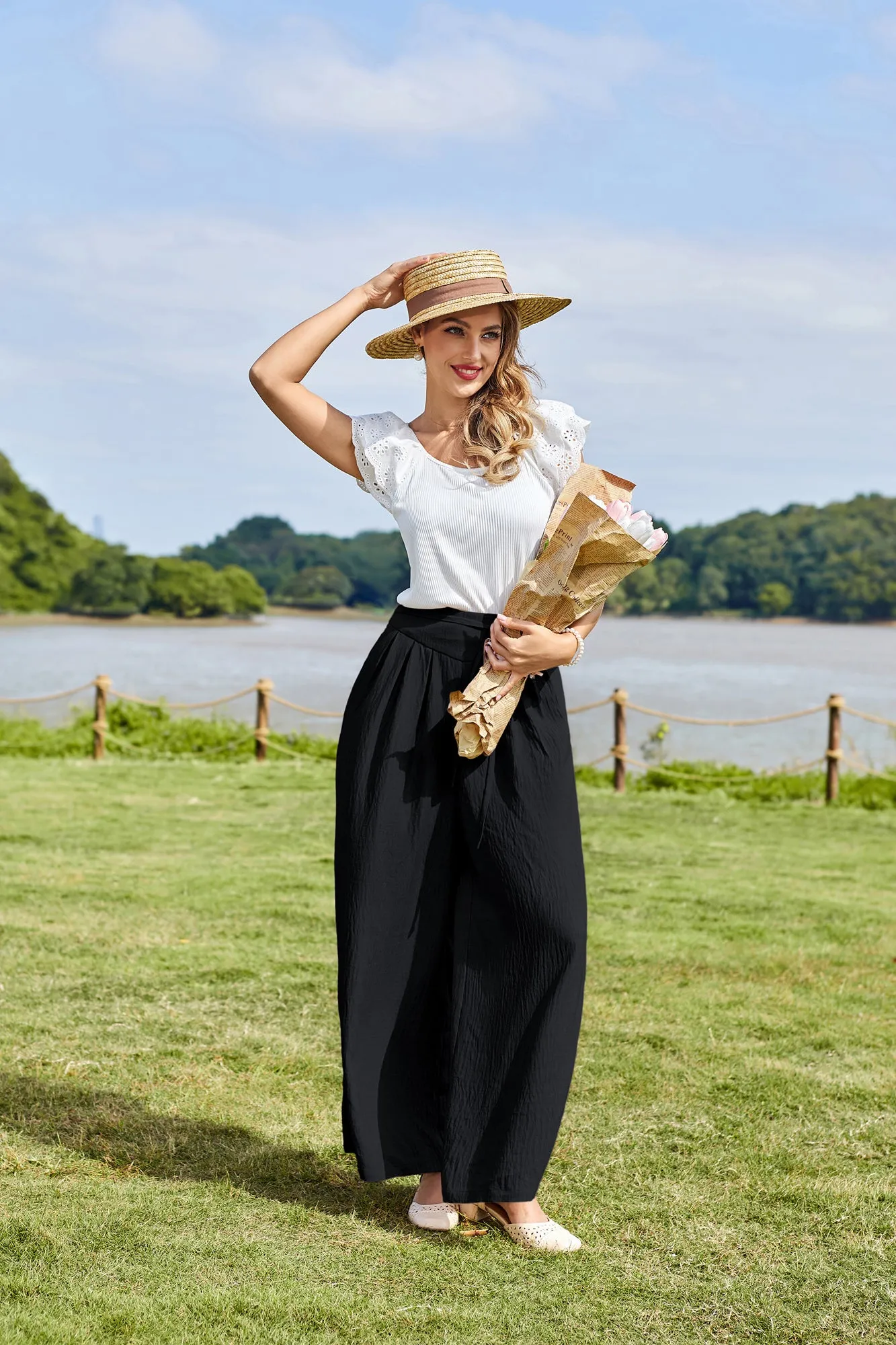 BP Women Vintage Wide Leg Pants Elastic Waist Pleated Palazzo Pants