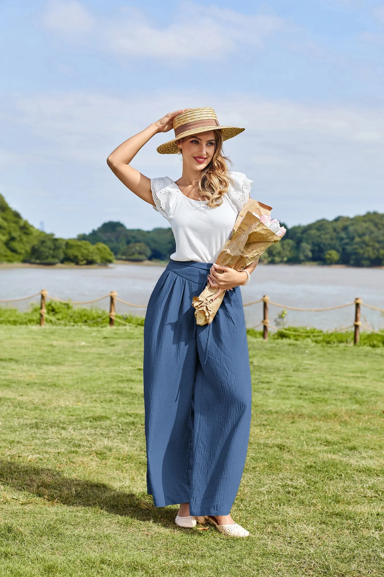 BP Women Vintage Wide Leg Pants Elastic Waist Pleated Palazzo Pants