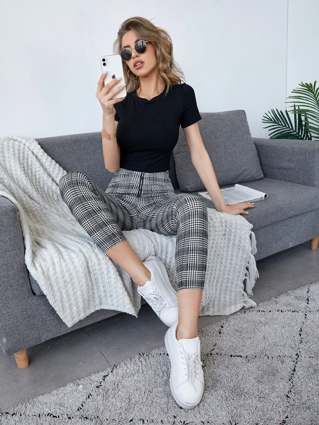 Casual Houndstooth Zipper Cropped Women Leggings