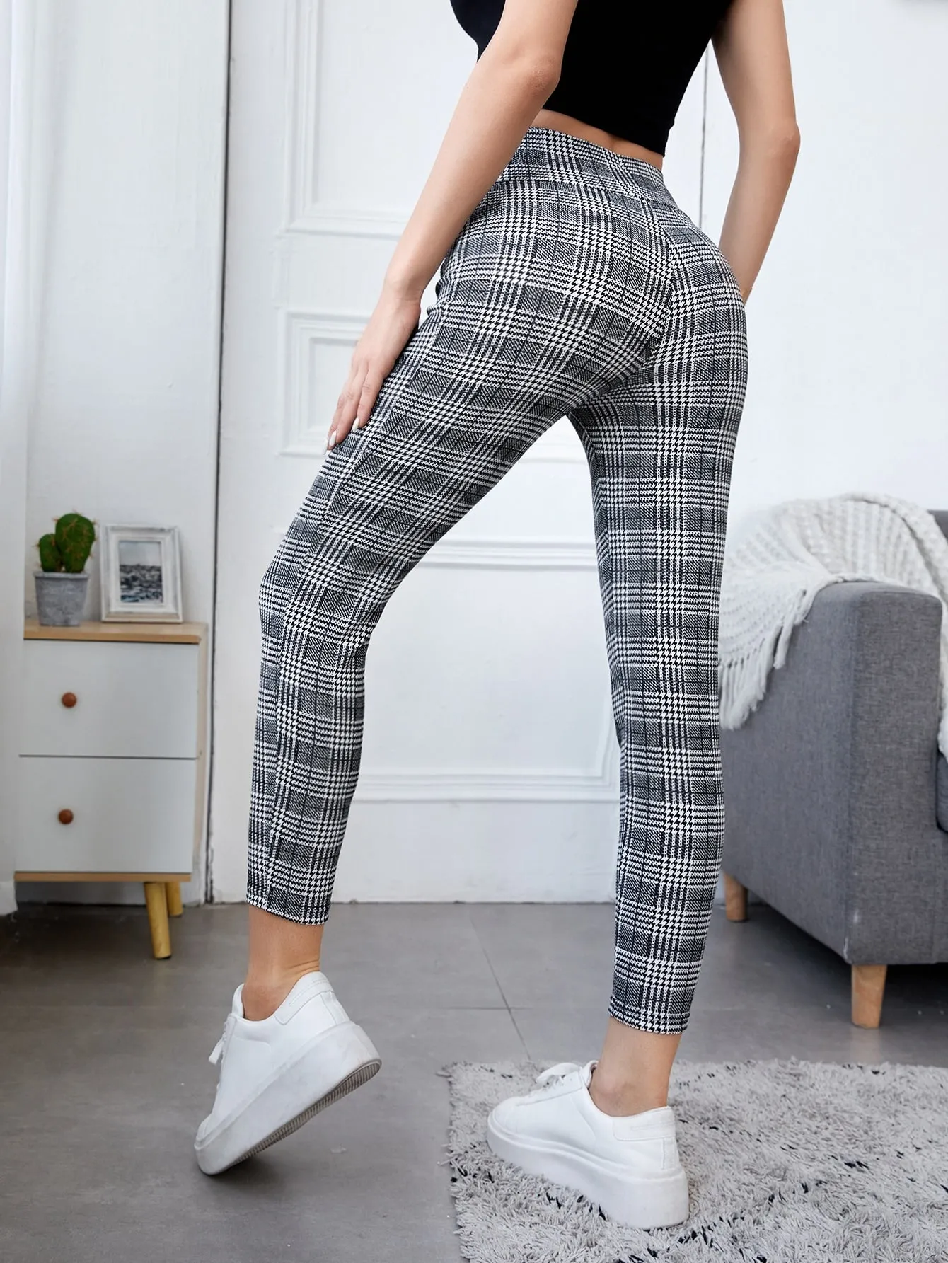 Casual Houndstooth Zipper Cropped Women Leggings
