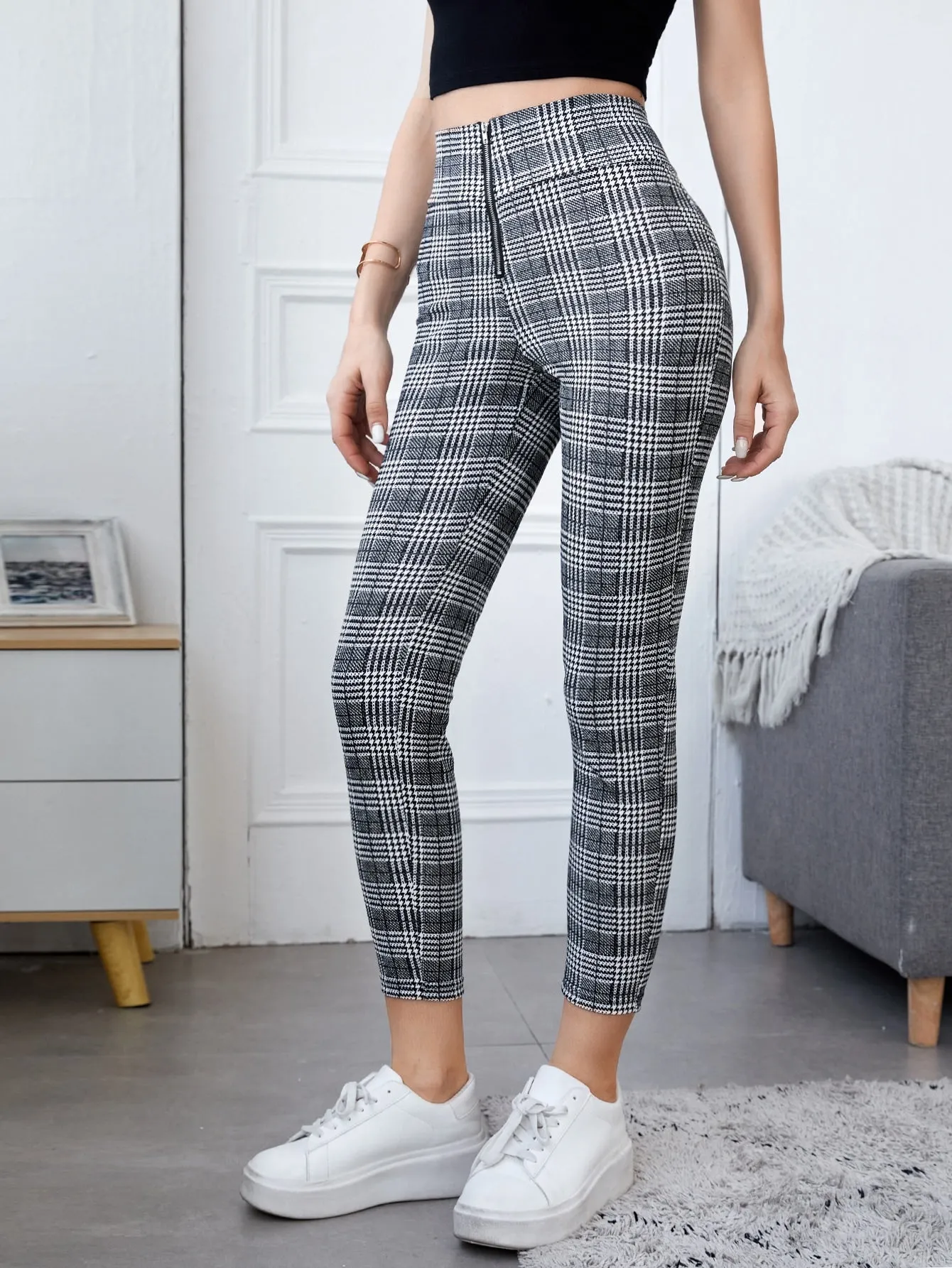 Casual Houndstooth Zipper Cropped Women Leggings