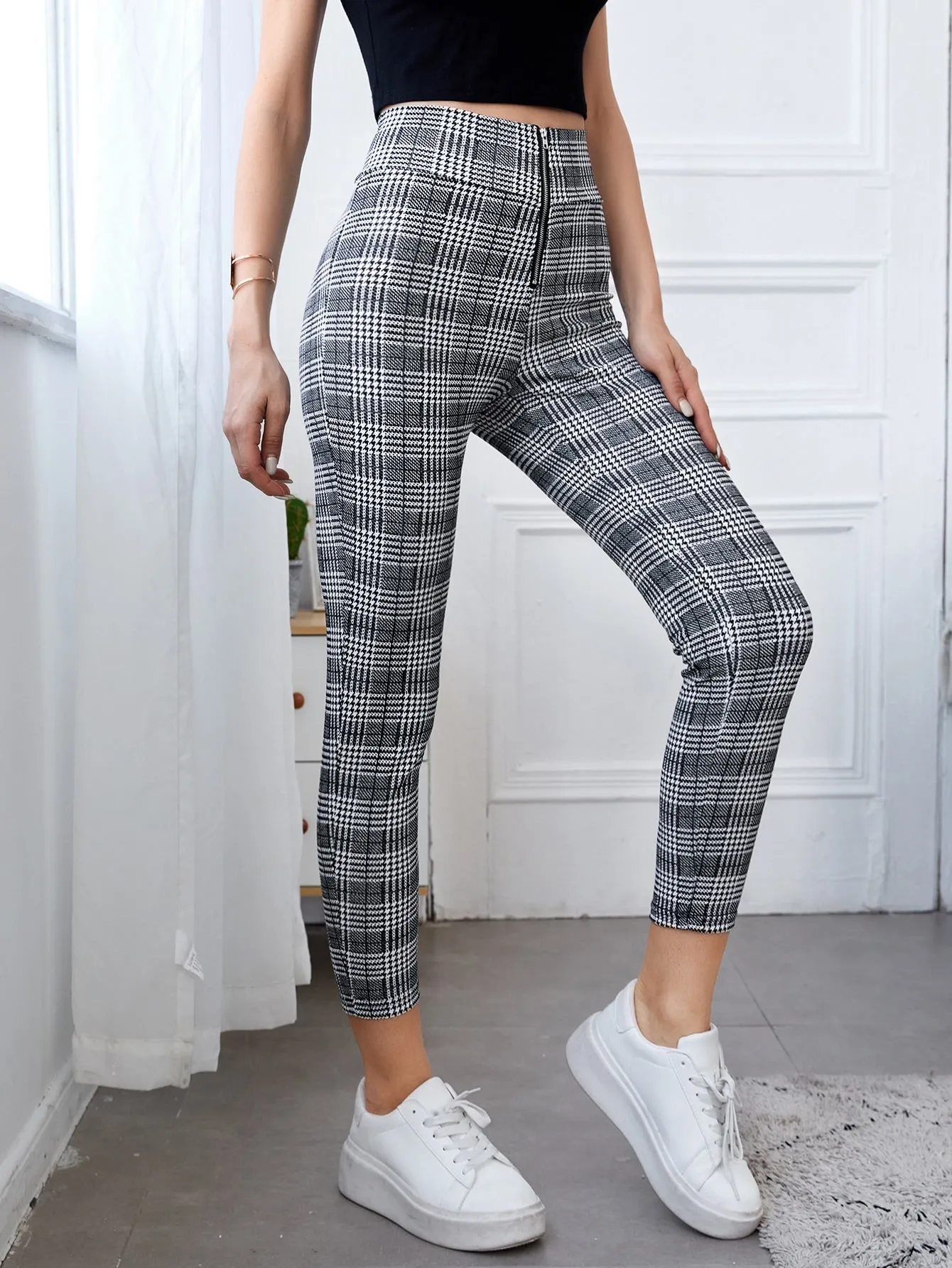 Casual Houndstooth Zipper Cropped Women Leggings
