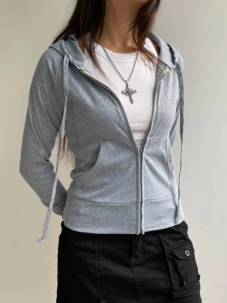 Casual Zip-Up Hooded Sweatshirt with Front Pockets
