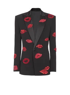 Crepe 1-Button Jacket With Kiss Embroidery