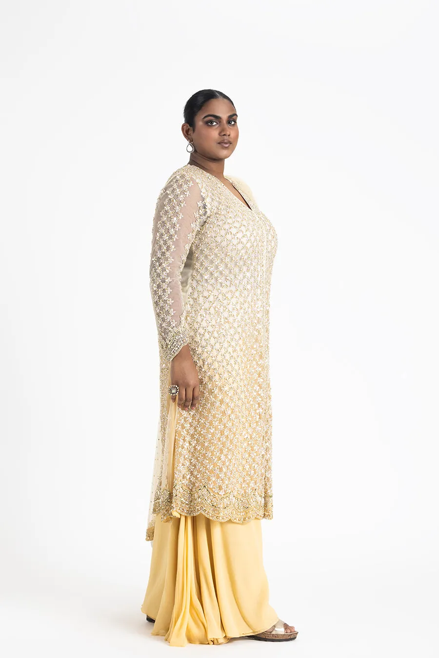 GOLD OMBRE NET JACKET WITH SHARARA SET