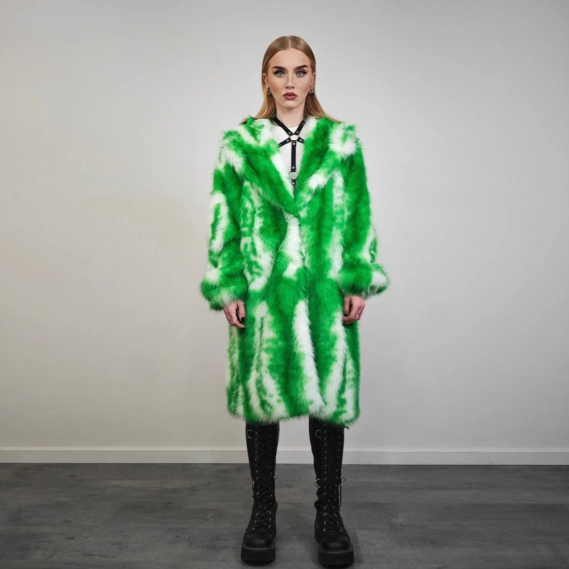 Green tie-dye coat faux fur neon shaggy trench abstract pattern overcoat bright rave bomber detachable festival jacket acid salad peacoat