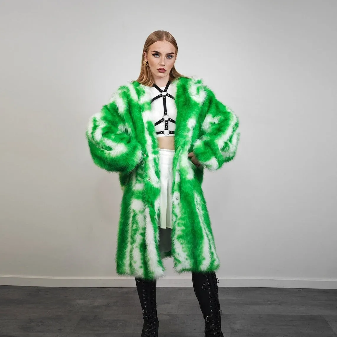 Green tie-dye coat faux fur neon shaggy trench abstract pattern overcoat bright rave bomber detachable festival jacket acid salad peacoat
