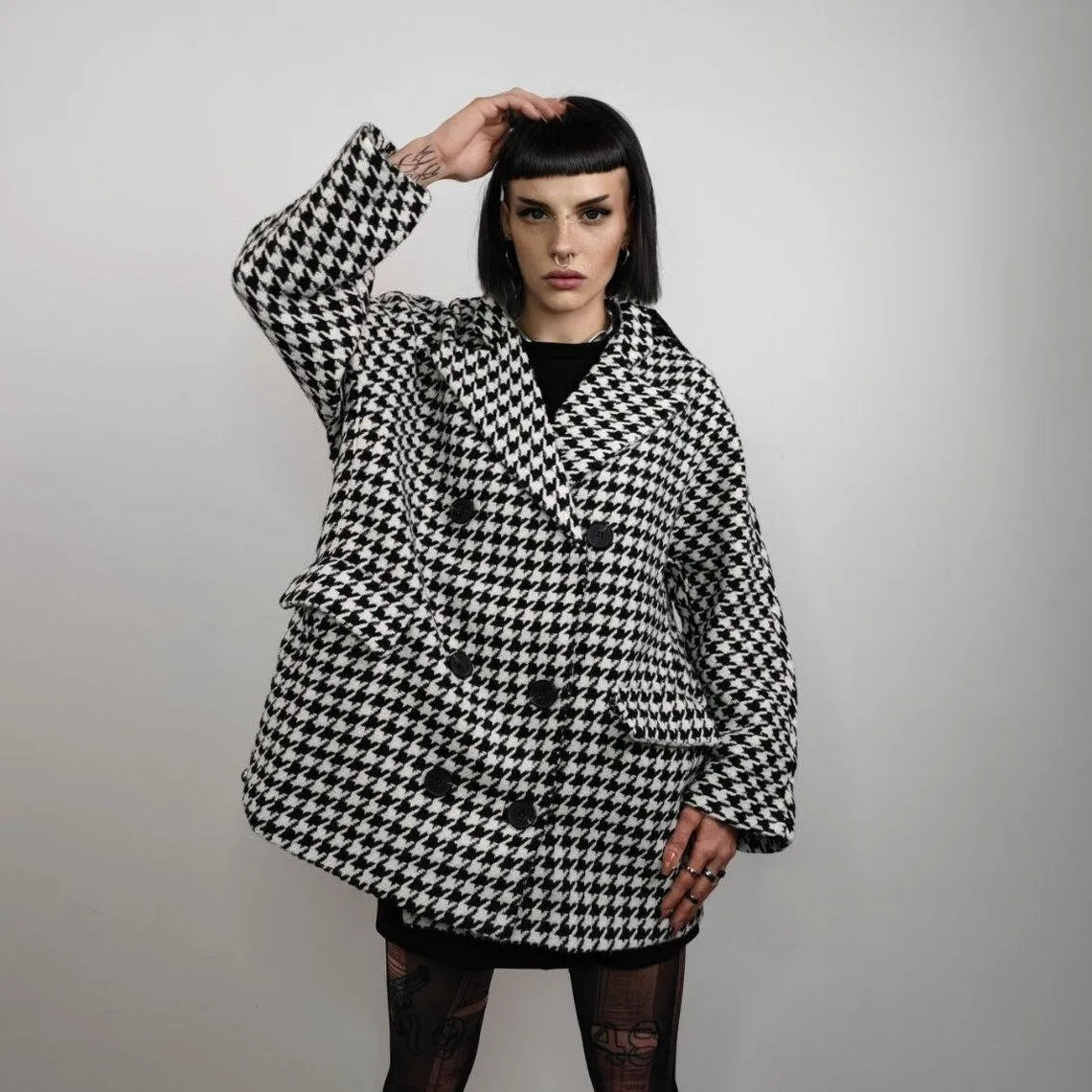 Houndstooth jacket Chequerboard outdoor blazer SKA aviator chess pattern coat dogtooth double breasted pea coat in black and white