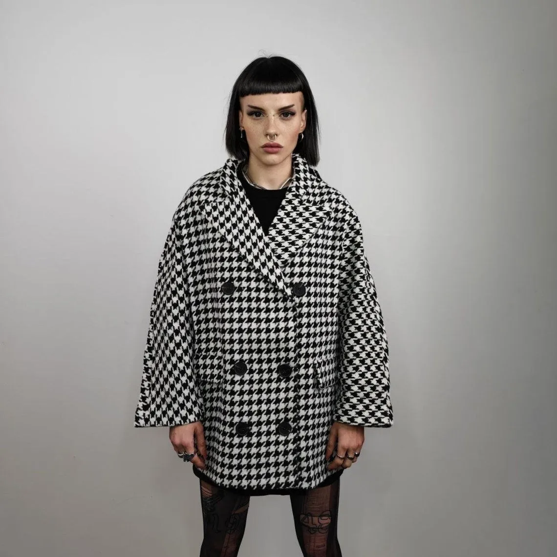Houndstooth jacket Chequerboard outdoor blazer SKA aviator chess pattern coat dogtooth double breasted pea coat in black and white