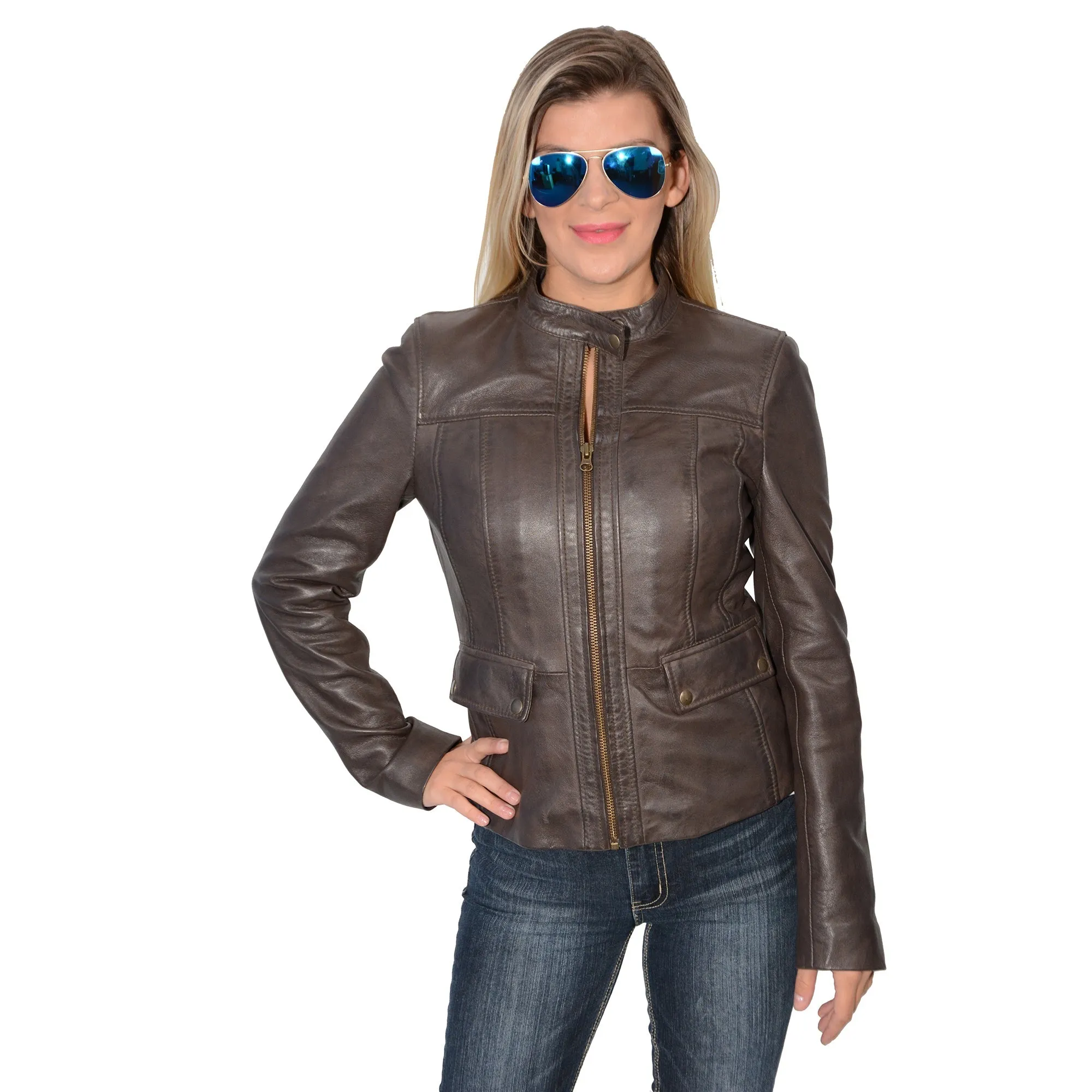 Ladies snap collar scuba jacket with patch pockets