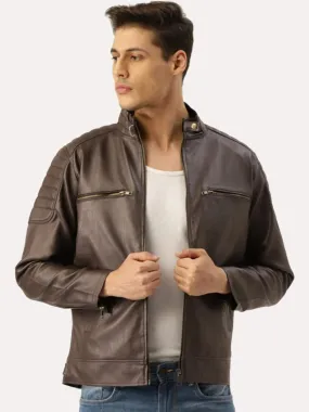 Men Coffee Brown Leather Biker Jacket | QAWACH
