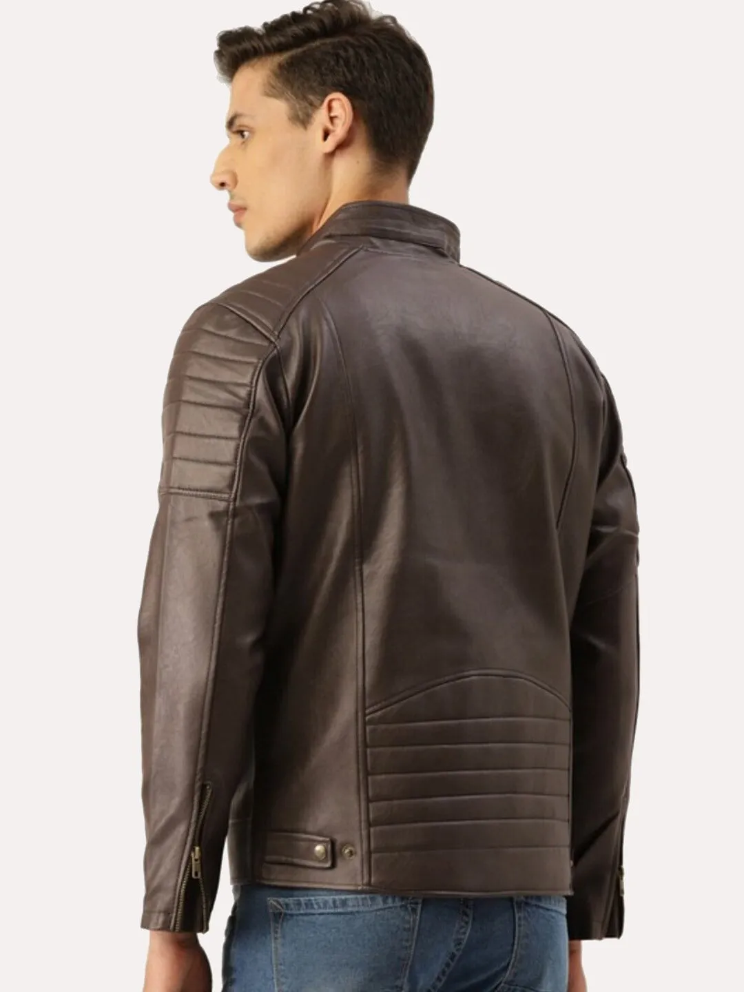 Men Coffee Brown Leather Biker Jacket | QAWACH
