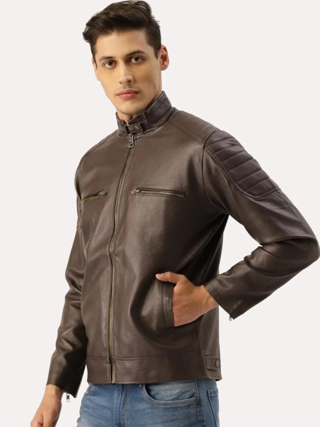 Men Coffee Brown Leather Biker Jacket | QAWACH