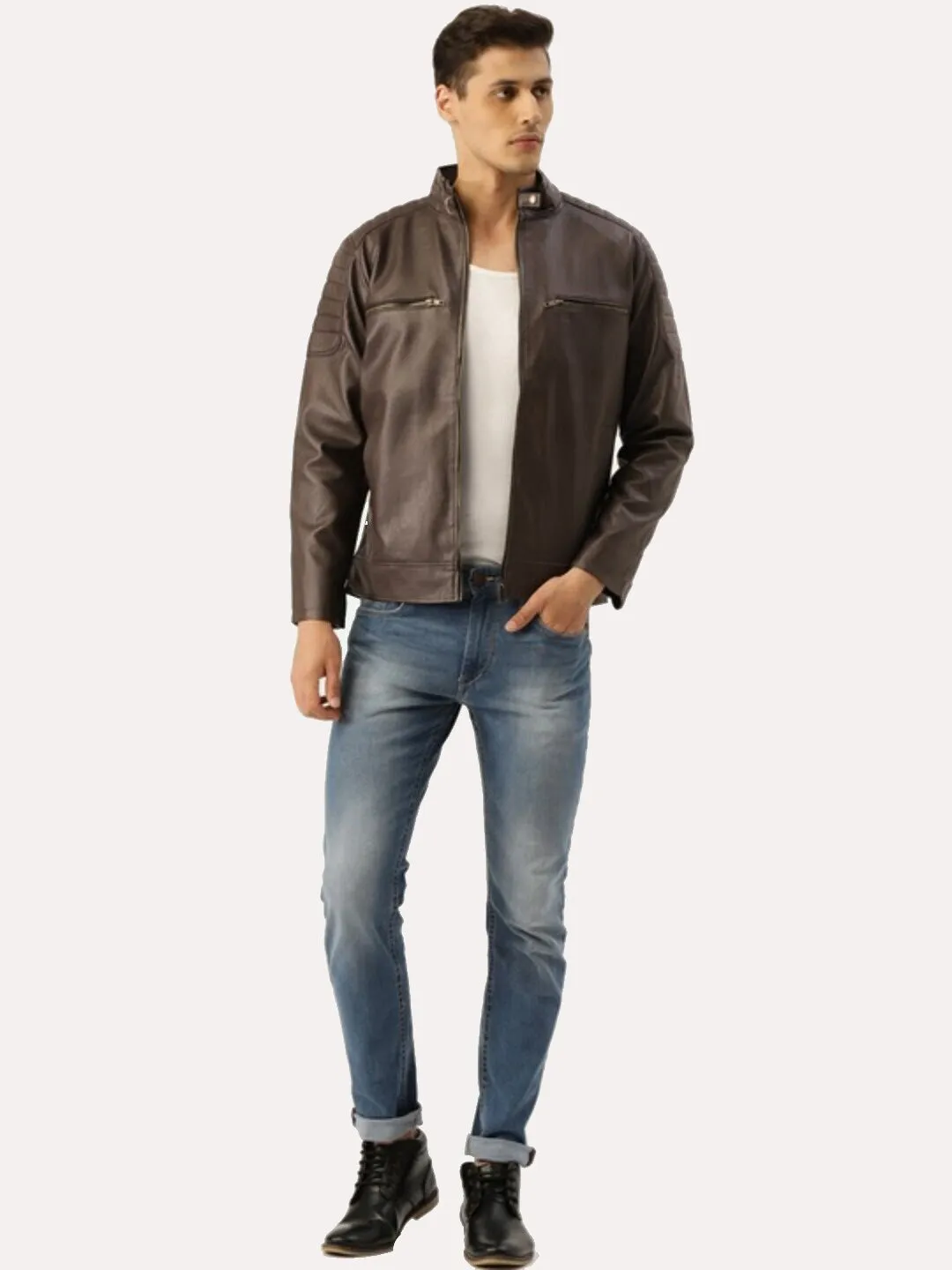 Men Coffee Brown Leather Biker Jacket | QAWACH