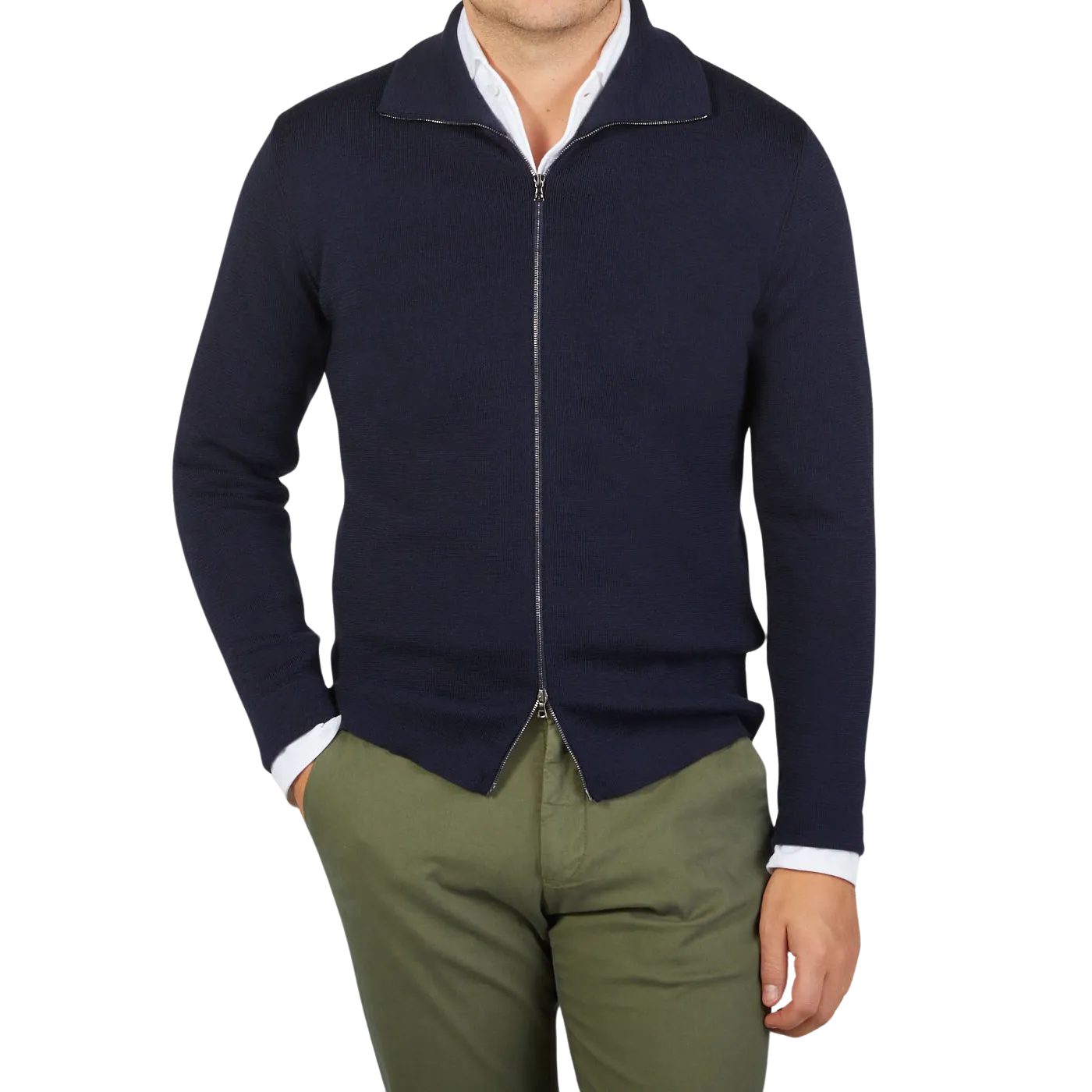 Navy Blue Merino Wool Zip Jacket