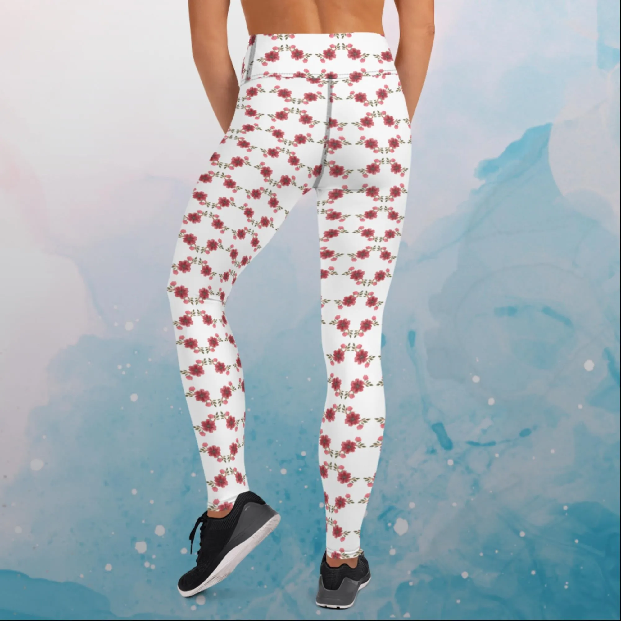 Red and Pink Floral Spring Dance Leggings with a High Waist