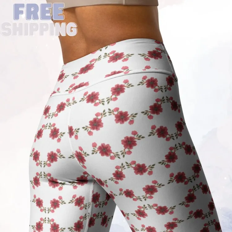 Red and Pink Floral Spring Dance Leggings with a High Waist