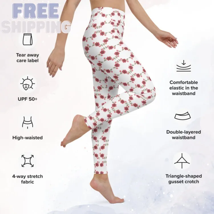 Red and Pink Floral Spring Dance Leggings with a High Waist