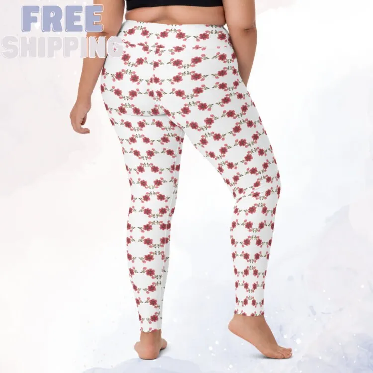 Red and Pink Floral Spring Dance Leggings with a High Waist