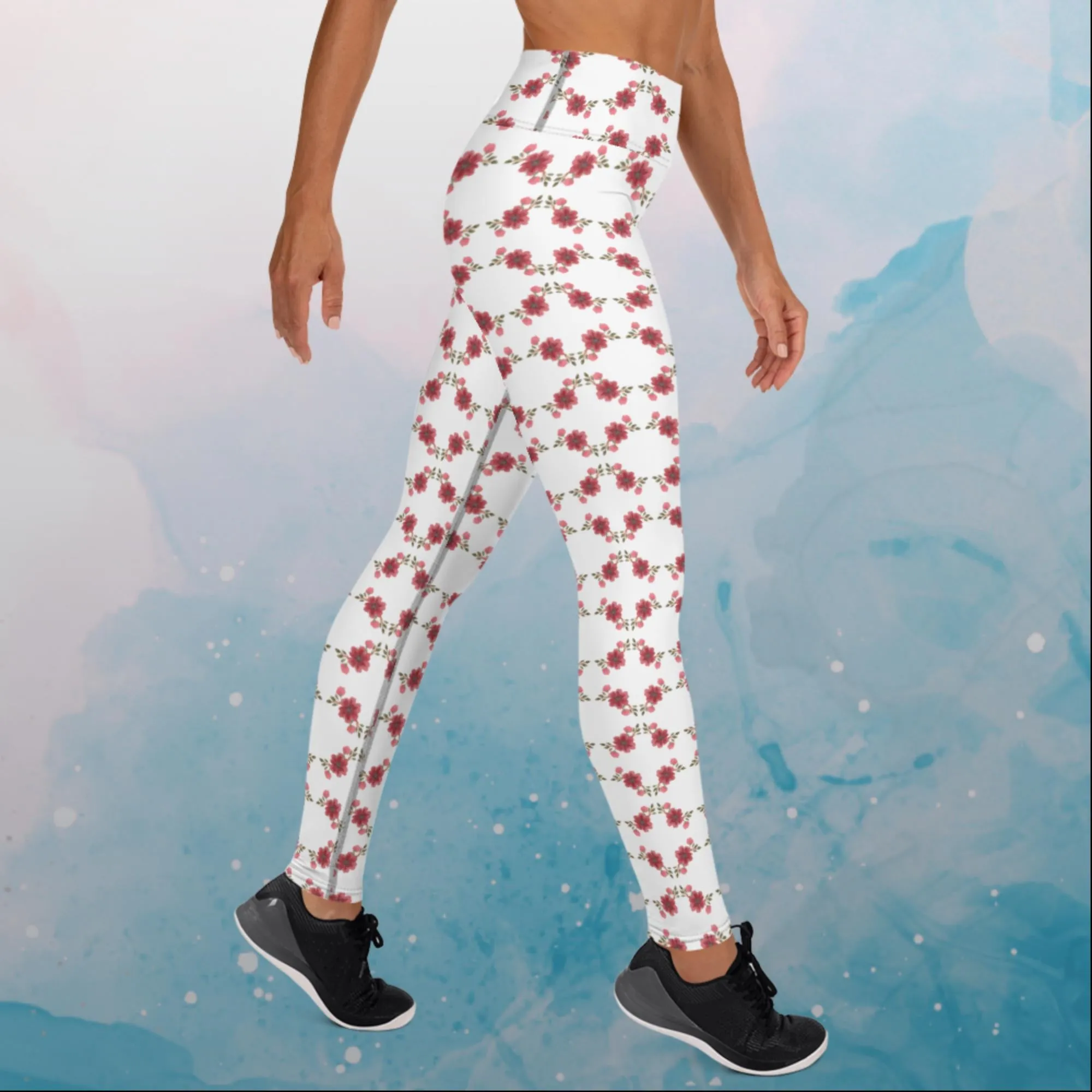 Red and Pink Floral Spring Dance Leggings with a High Waist