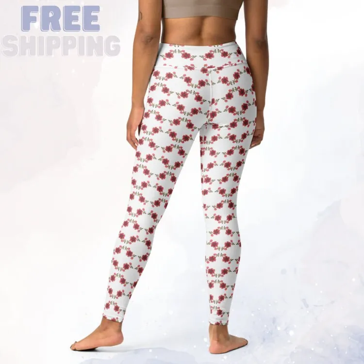Red and Pink Floral Spring Dance Leggings with a High Waist