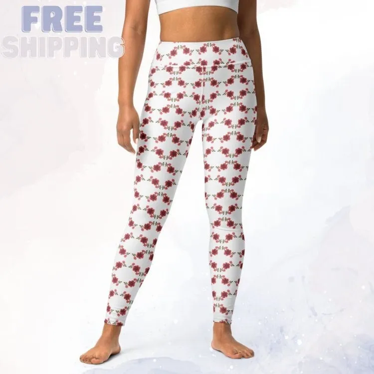 Red and Pink Floral Spring Dance Leggings with a High Waist