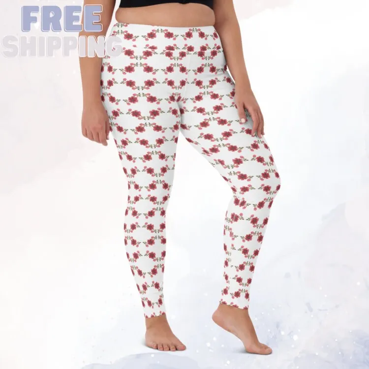 Red and Pink Floral Spring Dance Leggings with a High Waist