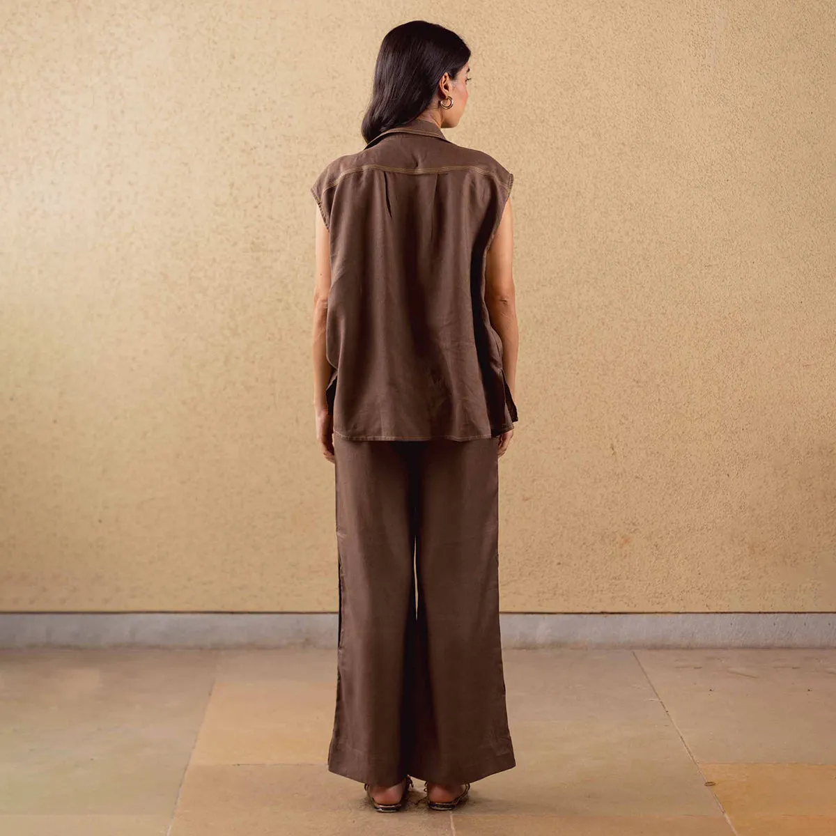 Tencel Solid Jacket For Women | Sleeveless | Oversized Fit | Brown