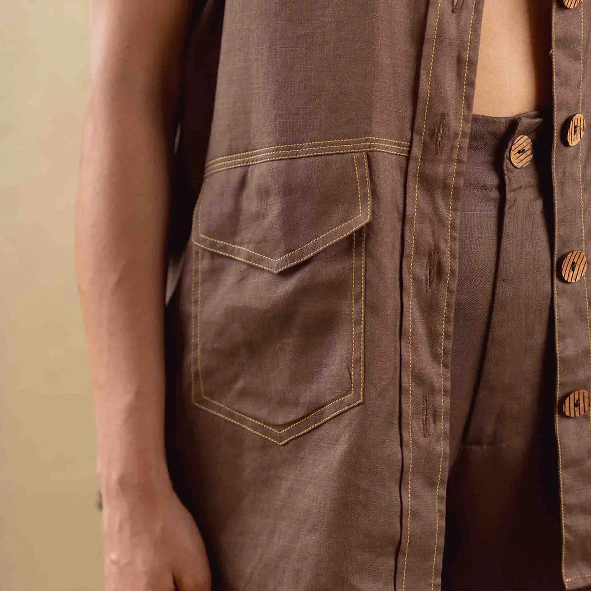 Tencel Solid Jacket For Women | Sleeveless | Oversized Fit | Brown
