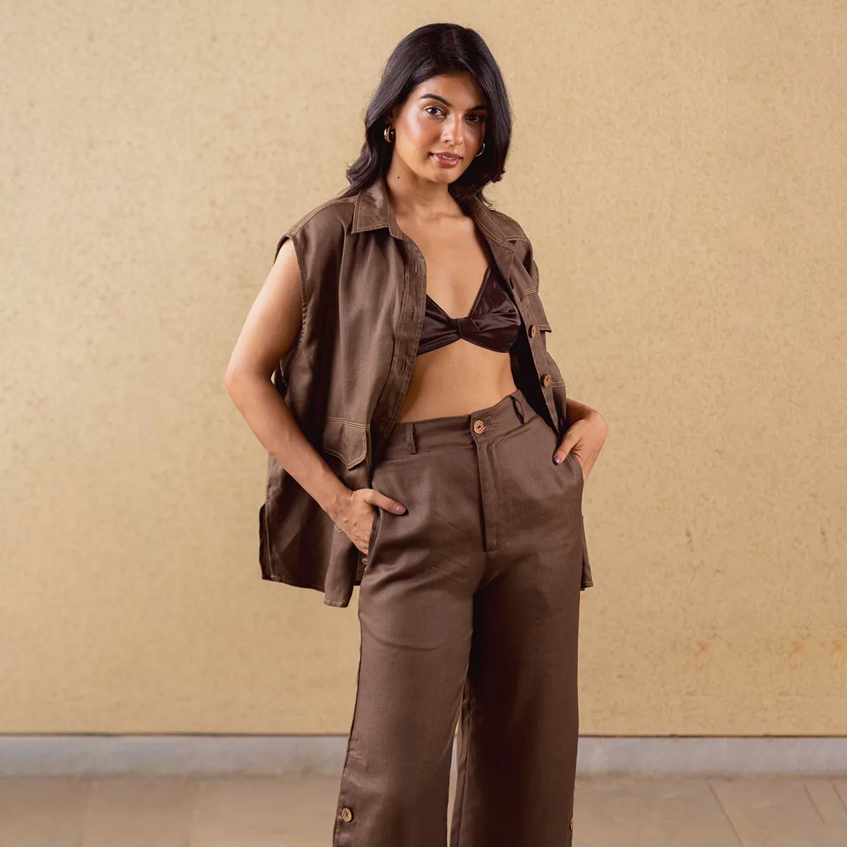 Tencel Solid Jacket For Women | Sleeveless | Oversized Fit | Brown