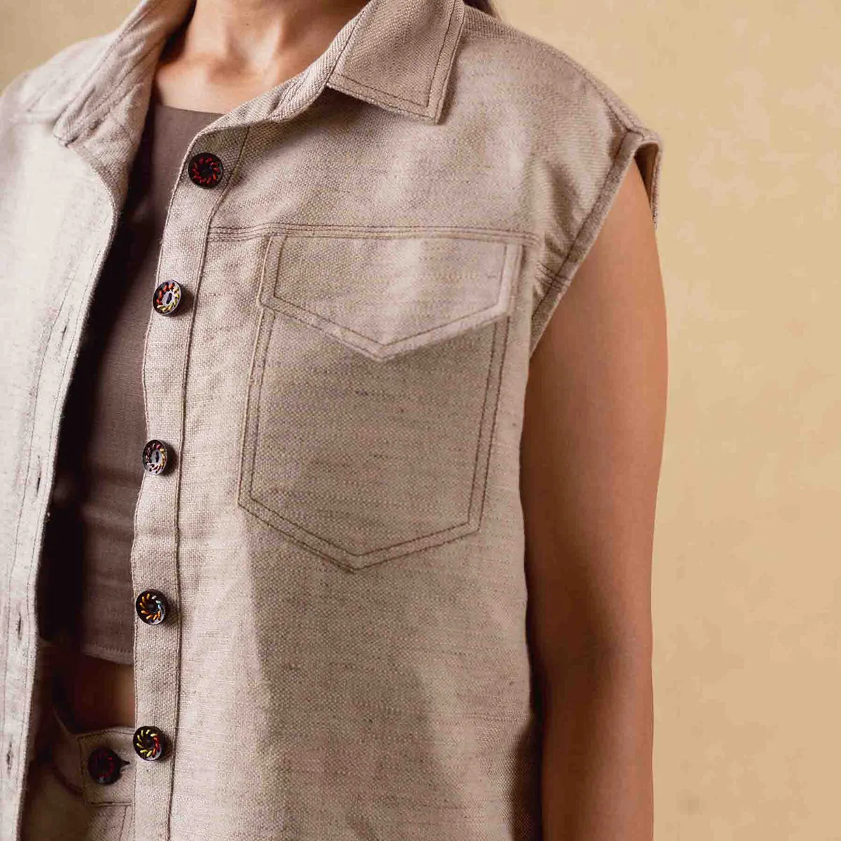 Tencel Solid Jacket For Women | Sleeveless | Oversized Fit | Off White